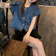 (Trendy) Lovito Casual Denim Top Summer/Spring Button Denim Top for Women LNA21050