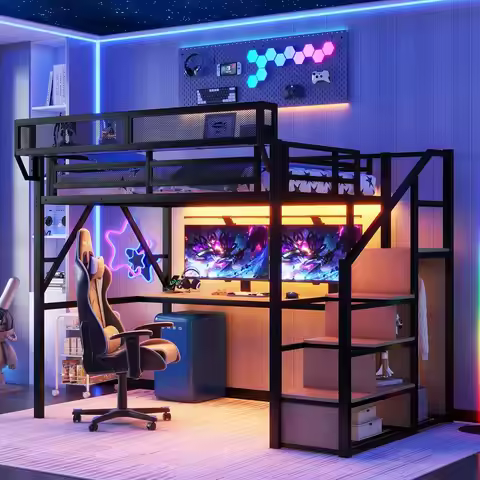 Full Loft Bed with Desk RGB Light Metal Frame Stairs Shelf Storage Wardrobe for Kids Teens Black, Cu