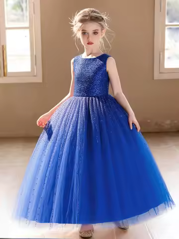 Girl Big Children Blue Sequin High-End Dress Birthday Wedding Fluffy Veil Evening Dress Children's D