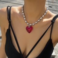 6 Colors Hip Hop Colorful Love Heart Pendant Necklace Women Punk Silver Color Beads Chain Grunge Jew