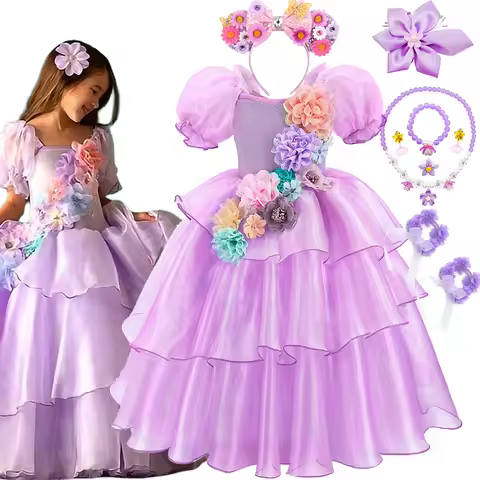 Isabella Cosplay Costume Girls Luxury Purple Layered Dress Deluxe Flowers Applique Frock Stage Perfo
