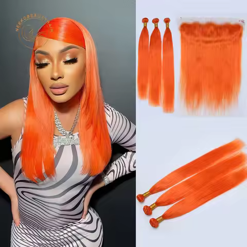 Orange Human Hair Extensions with Lace Frontal Ginger Orange Colored Hair Bundles with 13x4 Straight