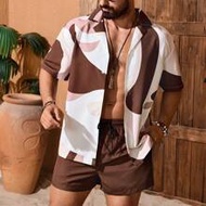 Men's Geometric Print Short Sleeve Single-Breasted Shirt And Shorts Set,Brown Summer Boho Beach Holi