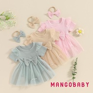 MANGO-Baby Girl 2 Piece Summer Set  Short Sleeve Round Neck Ribbed Romper Dress + 3D Bow Headband In