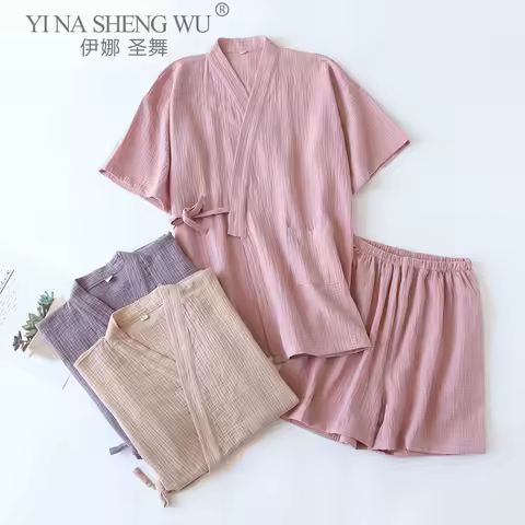 Traditional Pajama Set Japanese Kimono Traditional Summer Pajamas Set Yukata Women Causal Short Slee