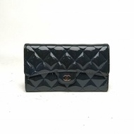 CHANEL CHANEL深灰漆皮20開銀扣CF長款三折口蓋錢包肩背包