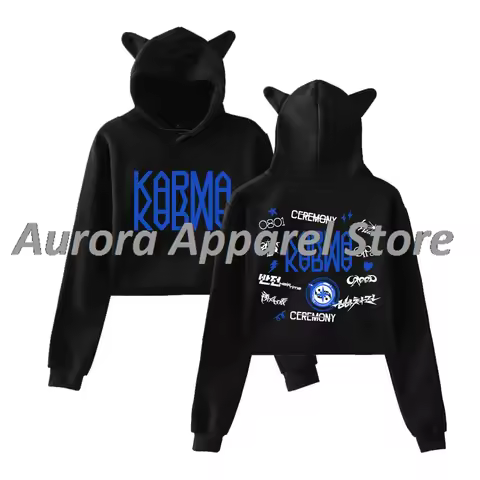 Kpop SKZ Karma Tracklist SKZ World Tour 2025 Merch Pullover Female Cat Ears Hoodie Long Sleeve Tee W