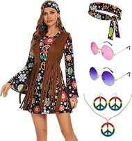 Hippie Costume Dress 60s 70s Hippie Costume Women Halloween Retro Dresses Outfit Set for Halloween Cosplay Party