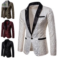 Elegant White Jacquard Wedding Single Button Blazer for Men Stage Costume Jacket