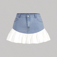 Plus Size Denim Mini Skirt, Casual Stretchy Patchwork Summer Vacation Woman 90s Spring For Women Y2k