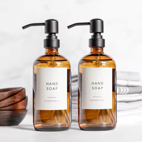 Amber Glass Soap Dispenser with Black Pump, Liquid Hand Soap Dispenser for Bathroom, Kitchen Dish So