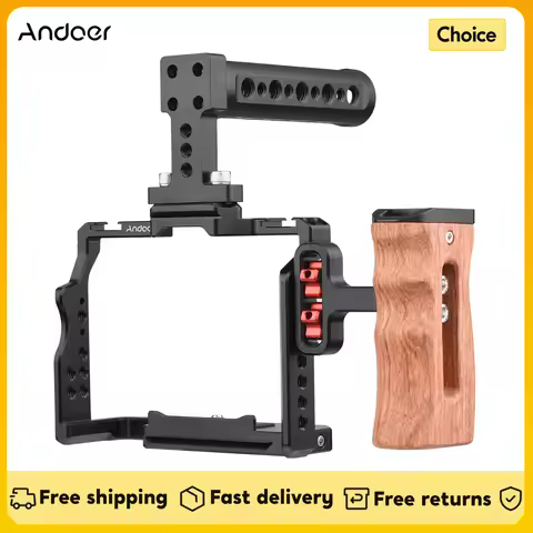 Andoer Camera Video Cage +Top Handle +Side Wooden Grip Kit with 1/4 Inch Threads for Sony A7IV/A7III