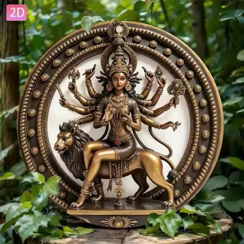 Vintage Hindu Goddess Durga Aluminum Sign, Lion Mount, Golden & Black Home Decor, 8x12 Inch