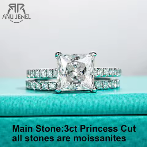 AnuJewel 3ct Princess Cut D Color Moissanite Engagement Ring Bridal Sets 925 Sterling Silver Wedding