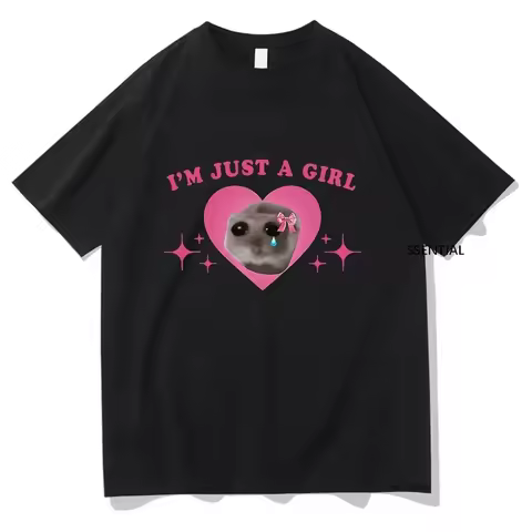 I'm Just A Girl Sad Hamster T-Shirt Women Kawaii Meme Graphic Tees Y2K Streetwear Cotton Short Sleev