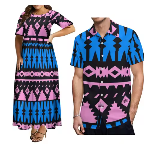 Summer Women'S Short Sleeve Dress Hawaii Polynesian Ethnic Design Men'S Aloha Shirt Couple Set Free 