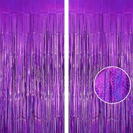 2Pcs Laser Purple Tinsel Foil Fringe Streamer Backdrop Metallic Glitter Streamers Party Decorations