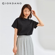 Giordano ผู้หญิงจอร์แดนเสื้อยืดแฟชั่น Ribbed Mockneck ยืดเสื้อยืด Breathable เสื้อแขนสั้นพอดีตัวธรรม
