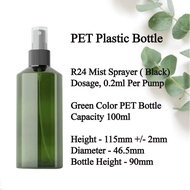 Sprayer Bottle, Mist Sprayer, 100ml Green PET Plastic Bottle.
