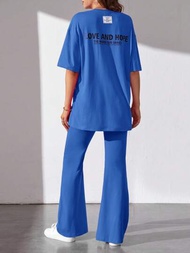 SHEIN Tall Camiseta de hombros caídos con estampado de slogan &amp; Pantalones acampanados