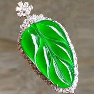I Ice Seed Yang Green Leaf Jade Pendant s925 Silver Inlaid Burmese Natural Spicy Green Full Green Pe