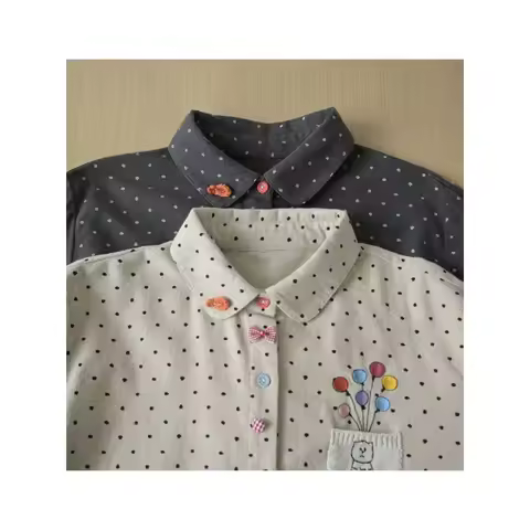 Sweet Polka Dots Pattern Knitted Pocket Balloon Embroidery Long Sleeve Shirt Blouse Female 2024 Autu