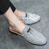 EIFAK Men Sandals Korean Style Glitte Sequins Fashion Leather Mules for Men Half Shoes British Style