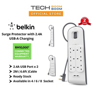 Belkin 4 / 6/ 8  Outlets 2M Surge Protection Strip with 2 USB Ports Socket Surge Protector