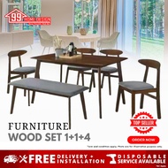 99 HOME : PUBLIC WOOD TABLE SET ARSENAL/LEEDS (1 TABLE + 4 DINING CHAIR + 1 BENCH CHAIR)