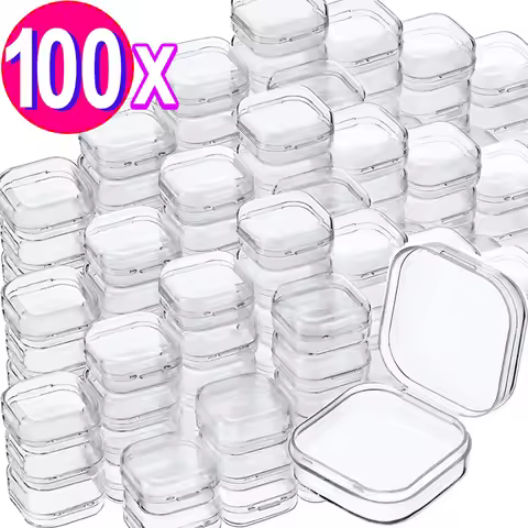 100pcs Lots Mini Square Storage Box Transparent Plastic Flip Cover Small Case Pill Jewels Dustproof 