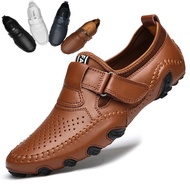 Ready Stock Men's Large Size Genuine Leather Slip-On Driving Shoes Breathable Hollow Peas Style 0DOV