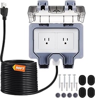 Kanayu Outdoor Outlet Box with 50ft Extension Cord, Dual 15 AMP 5-15 Receptacles Weatherproof Waterp