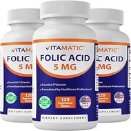 3 Pack - Vitamatic Folic Acid 5mg (5000 mcg) - 120 Vegetarian Tablets - (Vitamin B9 Folate) (Total 3