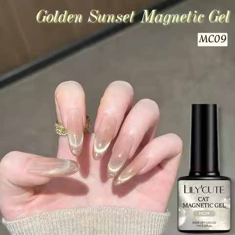 LILYCUTE 7ml Golden Sunset Cat Magnetic Nail Gel Polish Spring Golden Glitter Soak Off UV Gel Crysta