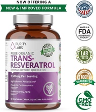 Exp:11/26 Purity Labs - Organic Trans-Resveratrol 1500MG Enhanced with Quercetin - Highest Quality a