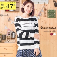 Simple Casual Round Neck English Character Printed Slit Pattern Tailoring Striped Sleeve Top (White.