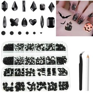 2680Pcs Black Rhinestones Nail Gems, 120pcs Big Black Nails Charms with Bling Flatback Round Beads, 