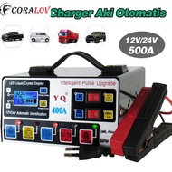 【Ready Stok】CORALOV Seterek Cas Aki Motor Mobil 24 Volt Otomatis Charger Aki 12V 24V 500AH Otomatis 