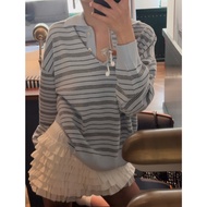 [Tenice CS39] Korean Girls Must Collect Money Lapel+Striped Knitted Sweater Blue Top Striped Lines P