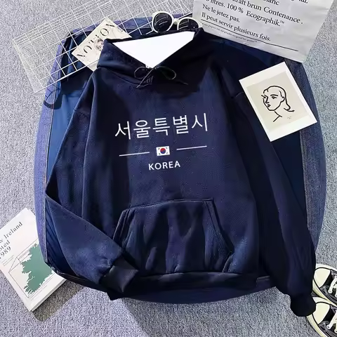 Seoul Korea Print Hoodie Men's High Quality Hoode Long Sleeve Pullover Fall Winter Daily Casual Spor