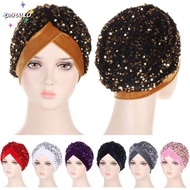 OKHALLO Turban Hat Elegant Headband Glitter Sequins Hijab Chemo Cap