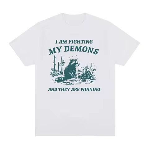 2006 Fighting My Demons Raccoon Meme T Shirts Funny Men Women Fashion Harajuku Retro T-shirt Tops Ca