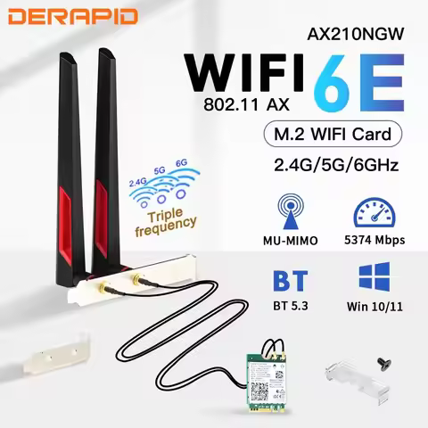 WiFi 6E AX210 M.2 Wireless Adapter 2.4G/5G/6GHz Bluetooth 5.3 Wi-Fi 6 AX210NGW NGFF 10DBI Antenna Se