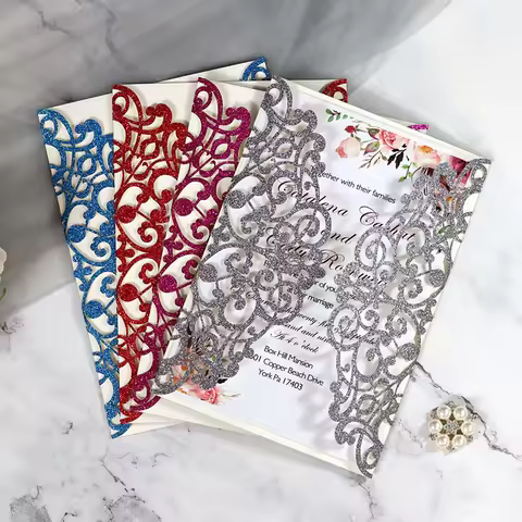 50Pcs Glitter Paper Wedding Invitations Cards Vintage Bridal Shower Engagement Sweet Birthday Gift G