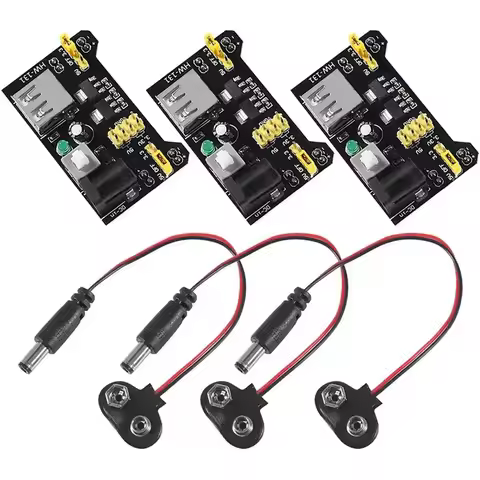 3sets 3.3V 5V MB102 Solderless Breadboard Power Supply Module with 9V Battery Clip Power Cable 2.1x 