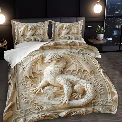 [Dragon Totem Duvet Cover Set] 3pcs Dragon Totem Duvet Cover Set - 1 Duvet Cover + 2 Pillowcases, Br