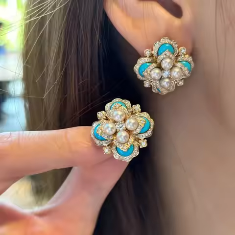 Exquisite Blue Pearl Flower Earings Stud Fine Palace Style High Grade Retro Turquoise Earrings for W