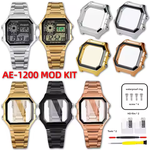 Ae1200 Steel Case Mod Kit For Casio Ae-1200wh Ae-1300 Metal Bezel Strap With Mirror Waterproof Ring