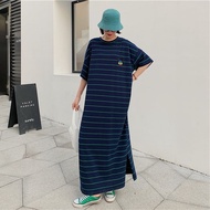 【Oversize Dress】(40-150kg) Preppy Style Stripe Maxi Dress Short Sleeve Plus Size Split T-shirt Dress