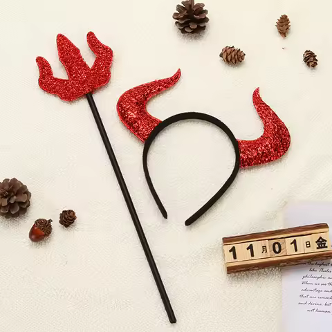 2Pcs/set Halloween Ox Horn Headband Fork Set Party Costume Props Devil Crutches Cosplay Demon Funny 